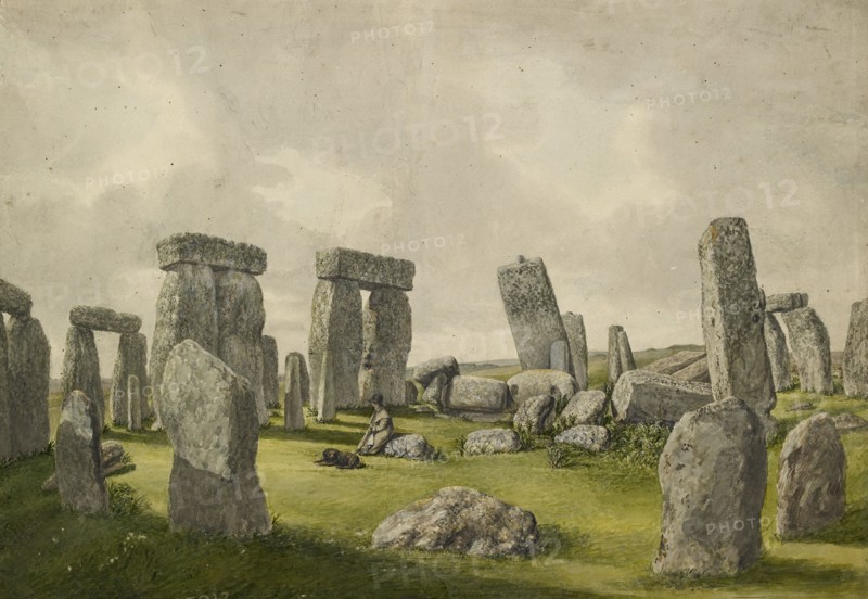 The Interior of Stonehenge in its present state, showing interior of stones, man and dog, 1824-1839. Artist: Henry Browne.