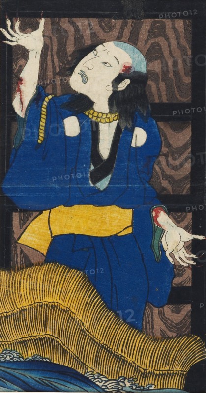 Woodblock print - scene from  the play Yotsu-ya kaidan (The story of Oiwa and Tamiya Iemon). Artist: Utagawa Kuniyoshi.