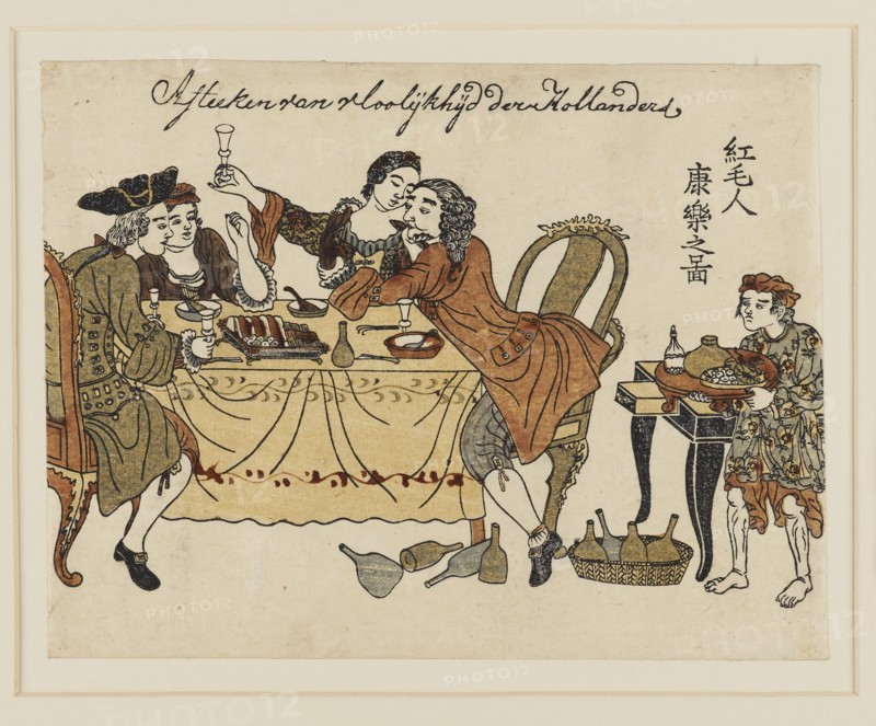 Woodblock print - Two Dutch gentlemen & their ladies making merry over a meal. Artist: Unknown.