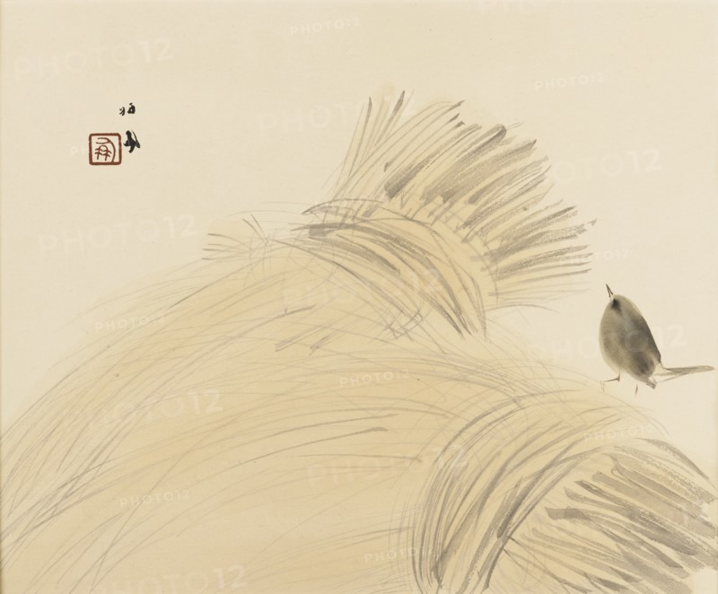 Woodblock print - Wren on corn stook, late 19th-early 20th century. Artist: Takeuchi Seiko.