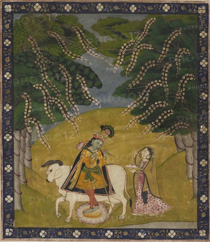 Krishna being offered cakes, 19th-20th century. Artist: Unknown.