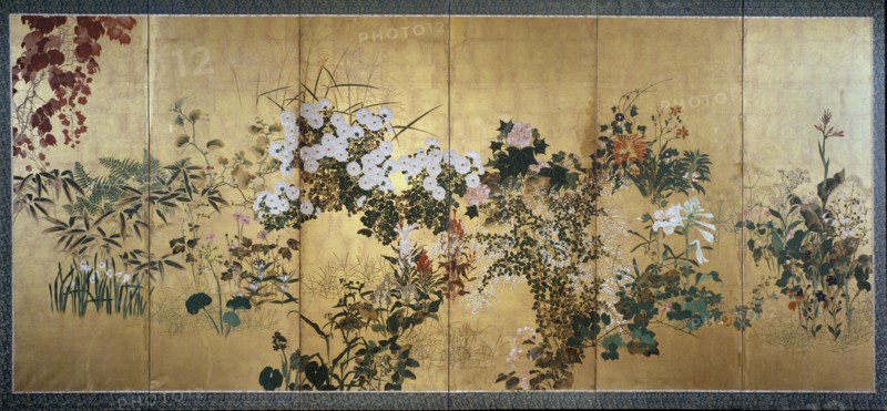 Screen with autumn and winter flowers, early 18th century. Artist: Watanabe Shiko.