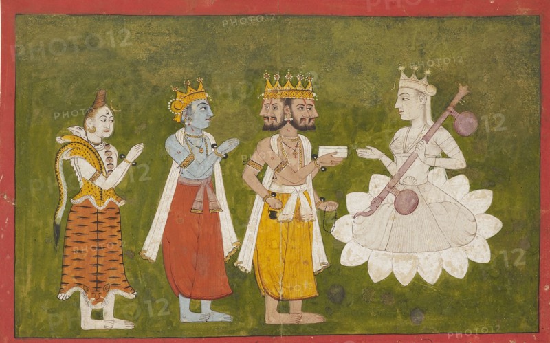 Devi revered by Brahma, Vishnu, and Shiva, c1710. Artist: Unknown.