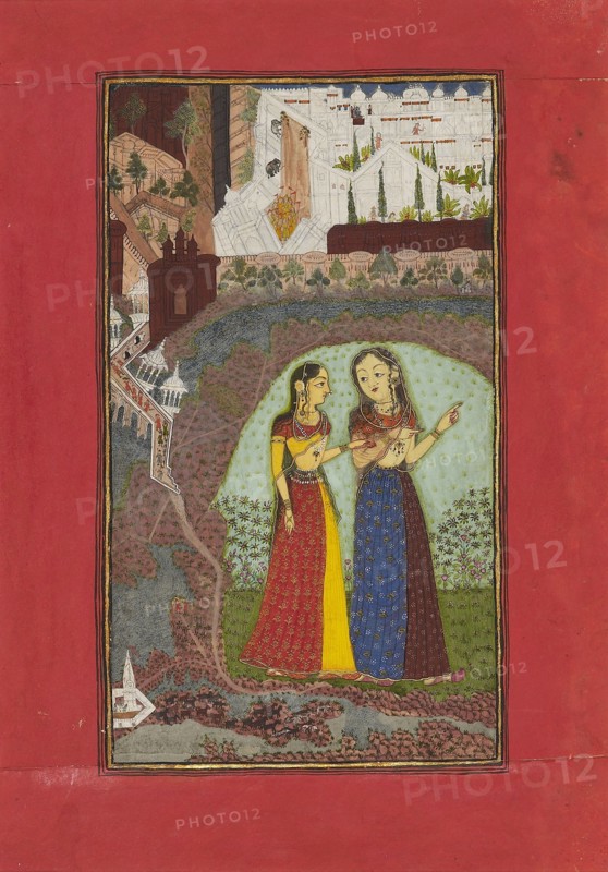 Two ladies in a landscape with palace, c1725. Artists: Unknown, Incha Ram.