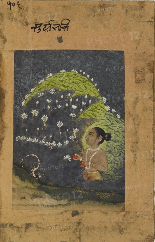 Lady in a lotus lake worshipping the sun, early 18th century. Artist: Unknown.