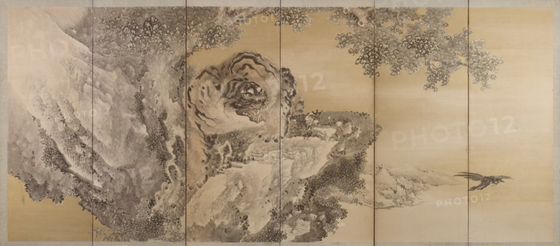 Six-fold screen depicting a roaring tiger, 1749-1838. Artist: Kishi Ganku.