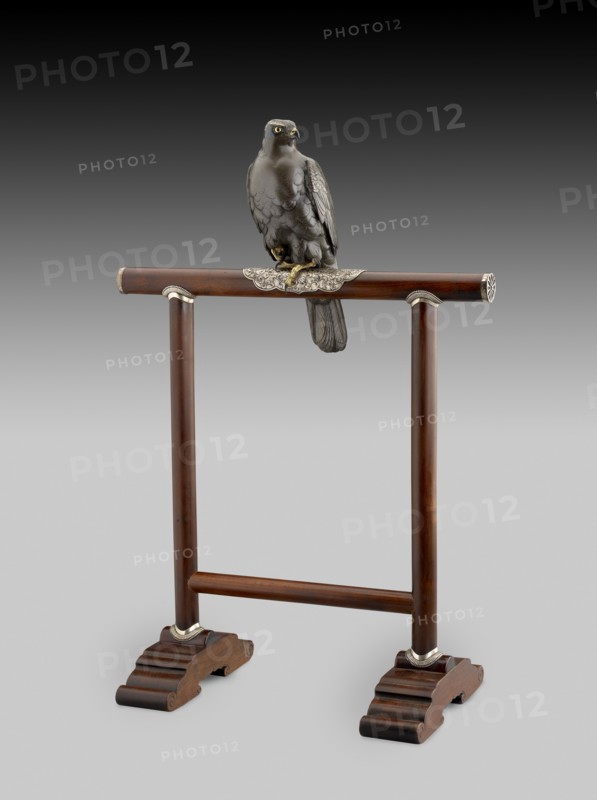 Figurine of hawk on a perch, c1890. Artists: Unknown, Jomi Eisuke.