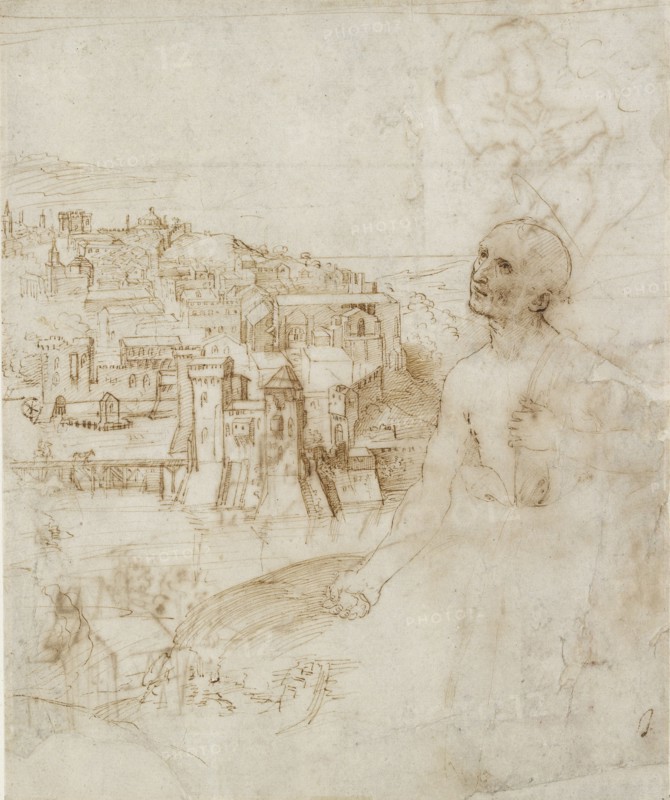 View of the city of Perugia, with the penitent St Jerome in the foreground, 1500-1504. Artist: Perugino.