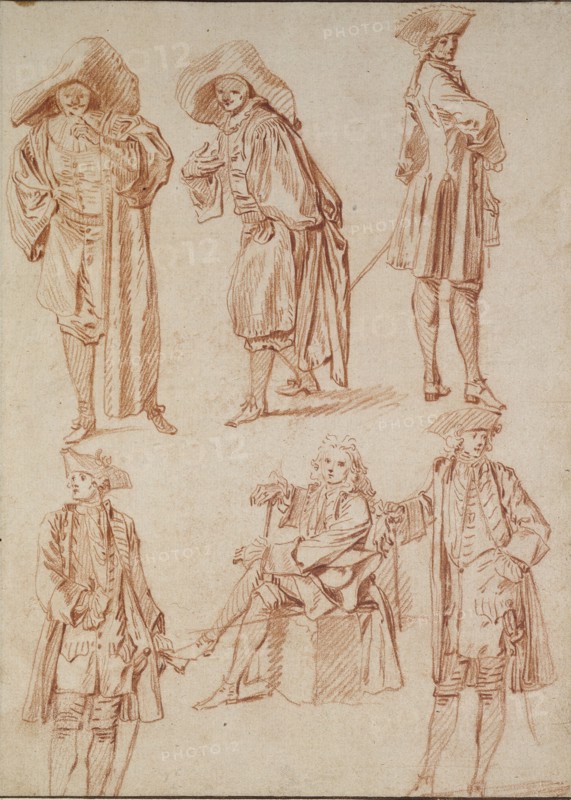 Two Studies of the Doctor in the Italian Comedy and four Officers, 18th century. Artist: Jean-Antoine Watteau.