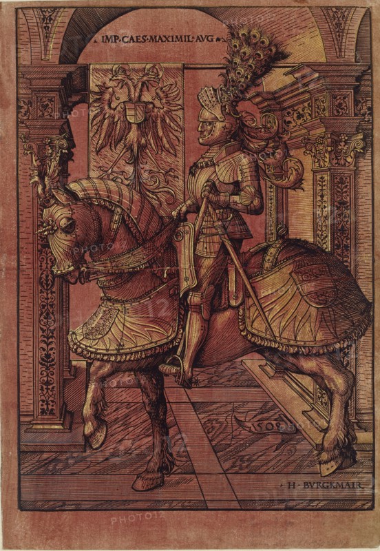 Emperor Maximilian I, armed on horseback, 1508. Artist: Hans Burgkmair, the Elder.