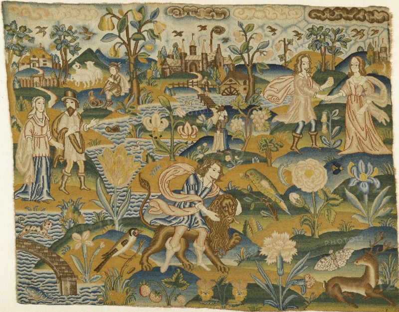 Embroidered picture: Man with a Lion in a Landscape with two Couples, 2nd half of the 17th century Artist: Unknown.