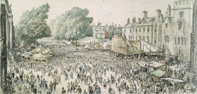 St Giles' Fair, from a Window of the Randolph Hotel, 1945. Artist: David Muirhead Bone.