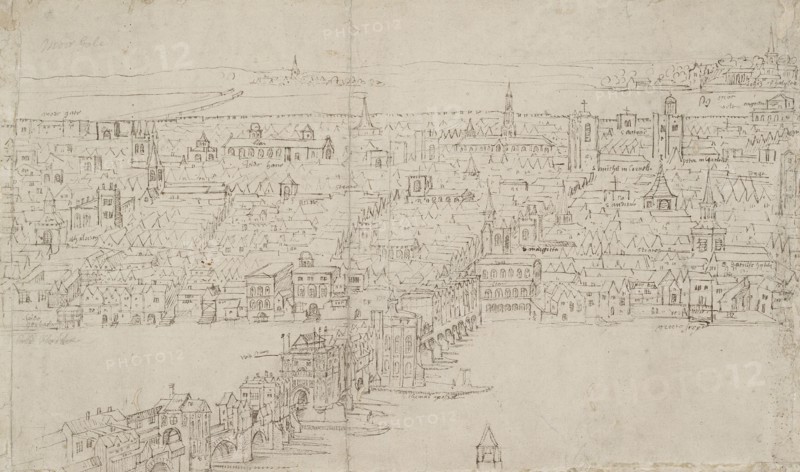 Panorama of London as seen from Southwark: London Bridge, 1554. Artist: Anthonis van den Wyngaerde.