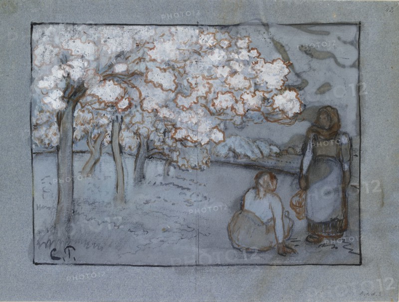 Compositional study of two female peasants conversing in an orchard, c1894. Artist: Camille Pissarro.