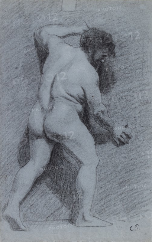 Study of a male nude posed against a wall seen in profile facing right, 1856-1860. Artist: Camille Pissarro.