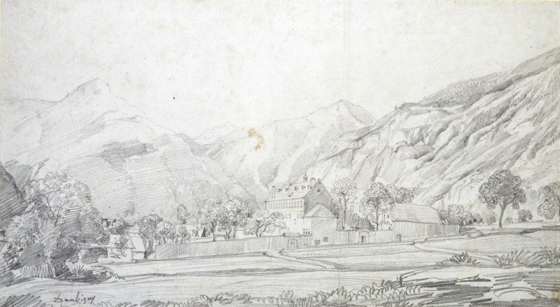View of Buildings in a walled Enclosure with Mountains in the Background, mid 19th century. Artist: Charles Francois Daubigny.