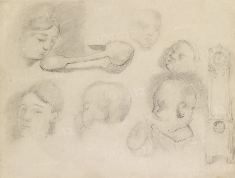 Studies of a Child's Head, a Woman's Head, a Spoon, and a longcase Clock, c1872. Artist: Paul Cezanne.