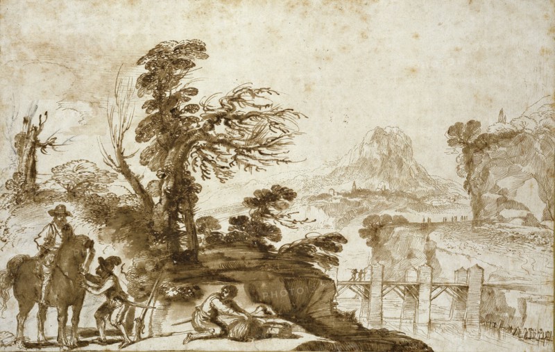 Landscape with a Horseman and a Bridge, early 17th century. Artist: Guercino.
