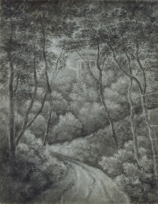 Landscape with a Path through a Forest and a classical Temple, late 18th century.. Artist: John Baptist Malchair.
