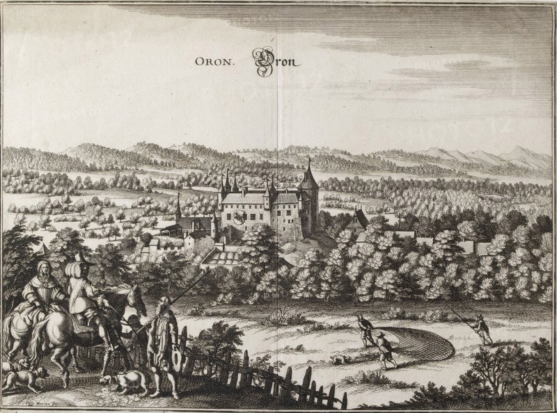 View of the castle of Oron, Switzerland with a hare hunter in the foreground, 1653. Artist: Caspar Merian.
