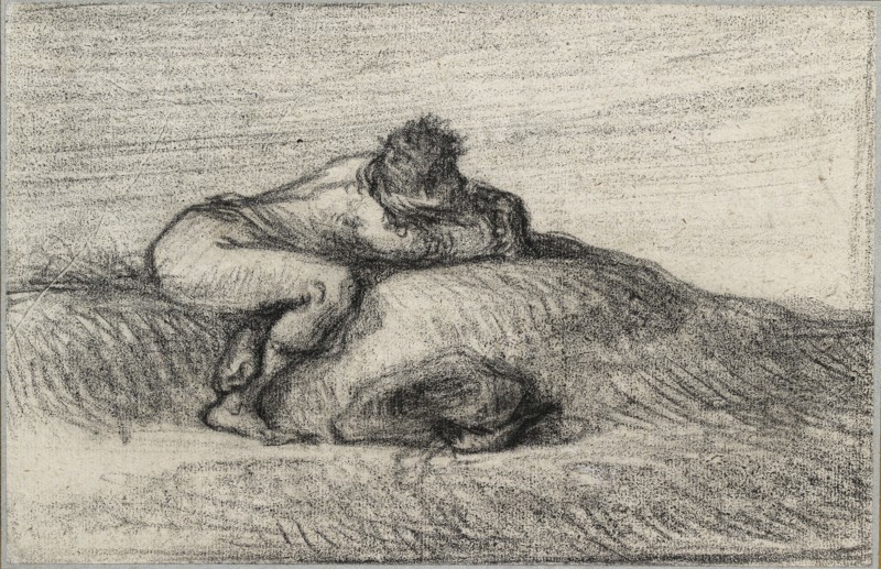 Man crouching on a Hillock, 1848-1850. Artist: Jean Francois Millet.