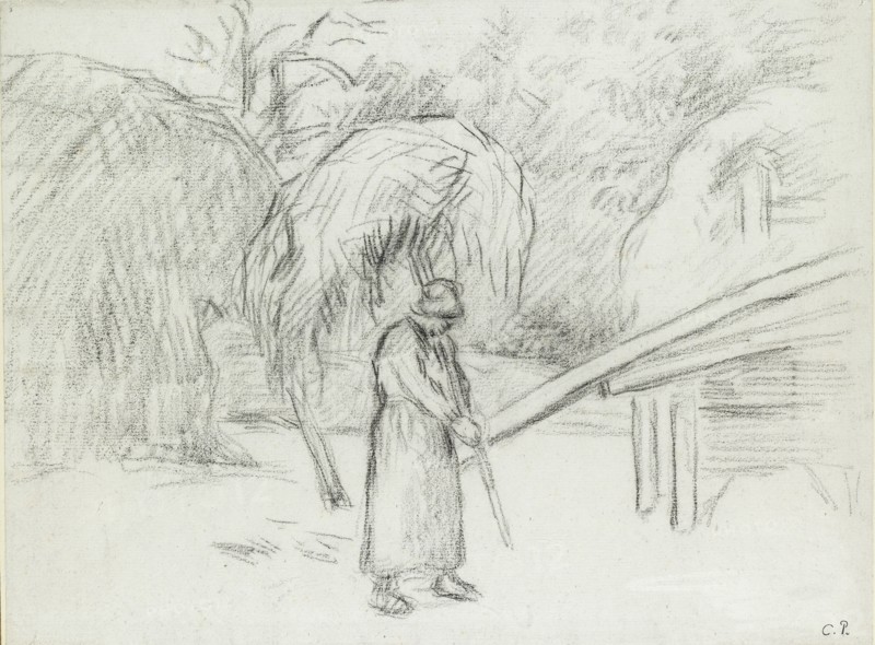 Study of a female peasant carrying a load of hay in the farmyard at Foucault, c1875. Artist: Camille Pissarro.
