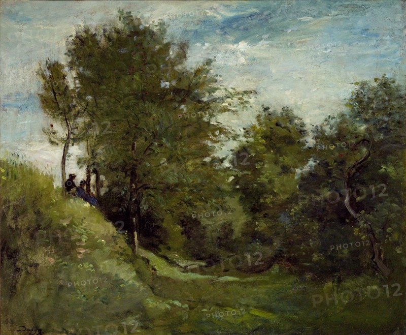 Landscape with Figures seated on a Bank, late 1870s. Artist: Charles Francois Daubigny.