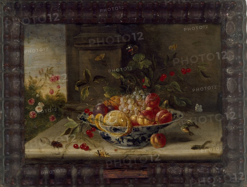 Decorative Still-Life Composition with a porcelain Bowl, Fruit and Insects, mid 17th century. Artist: Jan van Kessel.