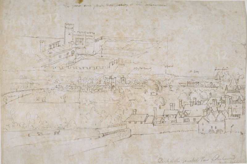 Sheet of studies of the Palaces of Hampton Court, Richmond and surrounding Countryside, c1560s.. Artist: Anthonis van den Wyngaerde.