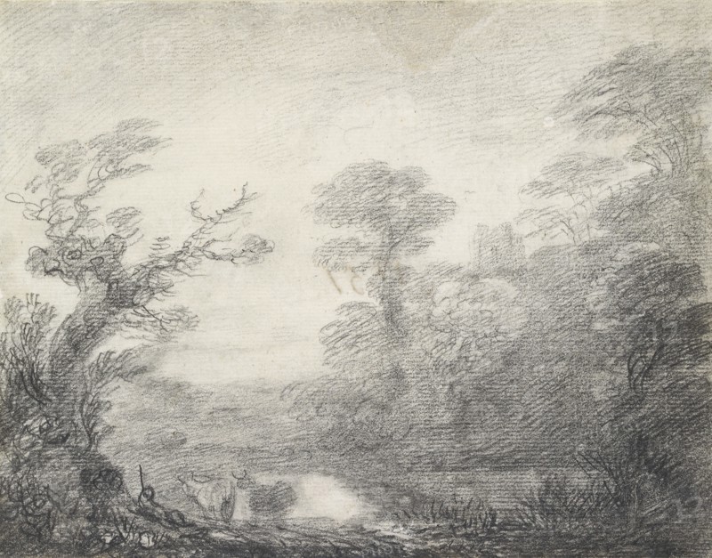 Wooded landscape with herdsman, cows and church tower, 1753-1757. Artist: Thomas Gainsborough.