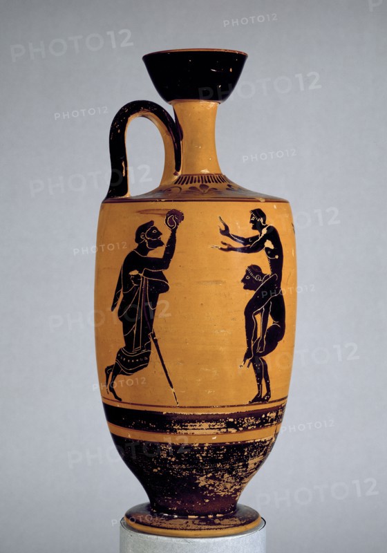 Athenian black-figure lekythos depciting ball game, 6th-5th century BC. Artist: Edinburgh Painter.