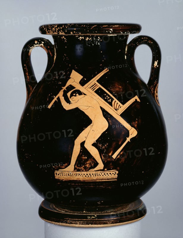 Attic Red-Figure pelike with youth carrying couch and table and man, c480 BC. Artist: Pan Painter.