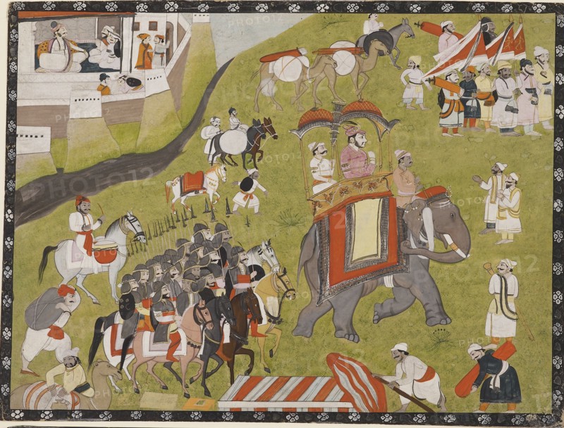 Procession of a Raja on elephant with armed escort and retainers, late 19th century. Artist: Unknown.