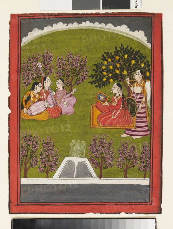 A lady seated with a mirror in a garden, with a maid and three musicians, c1919. Artist: Unknown.