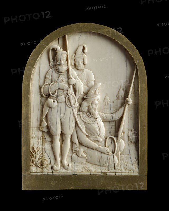 Ivory plaque depicting three Sikh warriors, 1845-1850. Artist: Unknown.
