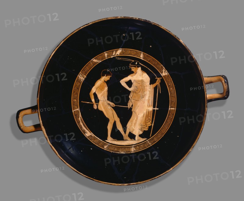 Attic red-figure cup of boy athlete and trainer, 480 BC. Artist: Antiphon Painter.
