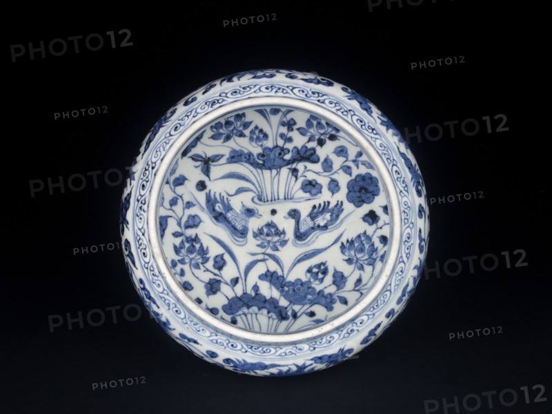 Blue-and-white stem bowl with lotus flowers and mandarin ducks, mid-14th century. Artist: Unknown.