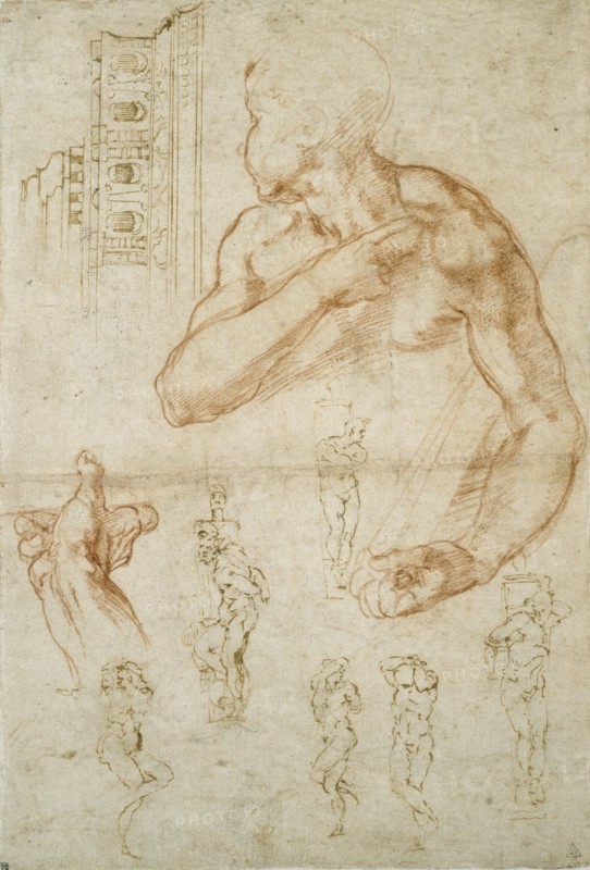 Various Studies for the Sistine Ceiling and the Tomb of Pope Julius II, c1490-1560. Artist: Michelangelo Buonarroti.