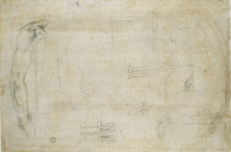 Study of a Man's Arm and some architectural sketches, c1490-1560. Artist: Michelangelo Buonarroti.