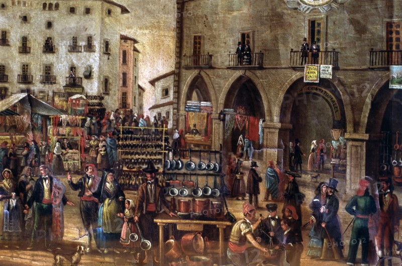 Assumption Fair in the Main Square of Manresa, detail of a painting by Marià Folch.