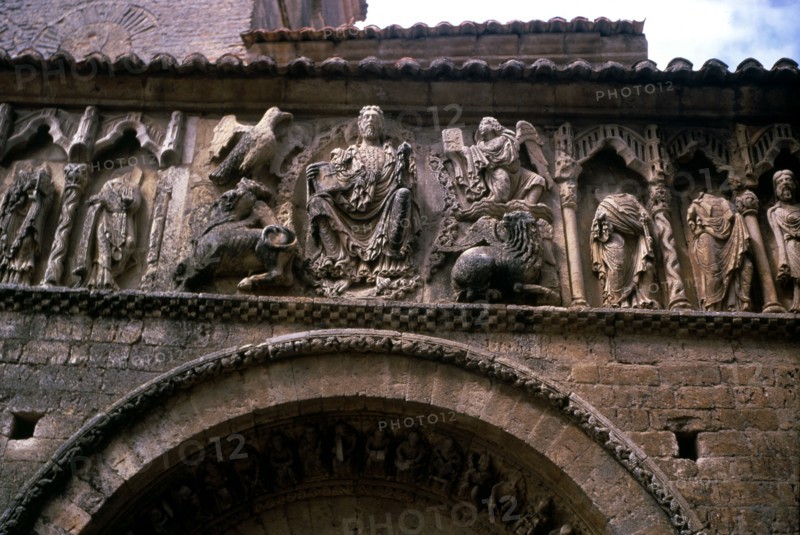 Romanesque façade of the Church of Santiago in Carrión de los Condes, detail of upper frieze with?