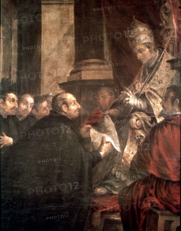 Saint Ignatius receiving from Pope Paul III the bull of the founding of the Society of Jesus.