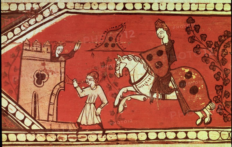 Cavalry scene with a herald and a lady. Ending of a carved wooden and polychromed beam from a cei?