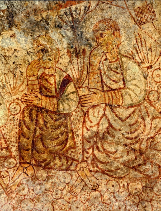 Mural painting from the apse of the church of Saint Michael, two persons contemplating Jesus' asc?