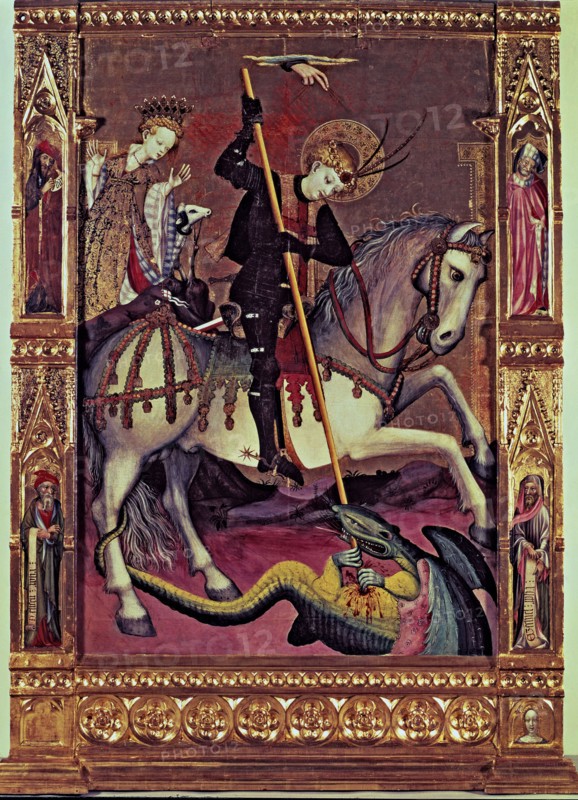 Altarpiece of Saint George. Central panel, the hand of God blesses the Saint protecting him, at t?