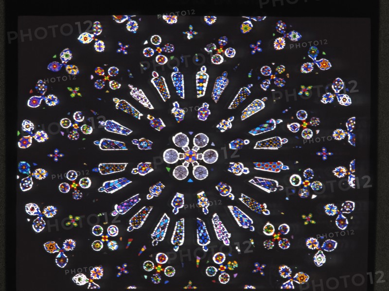 Stained glass window with the rose window of the Monastery of San Cugat del Valles.