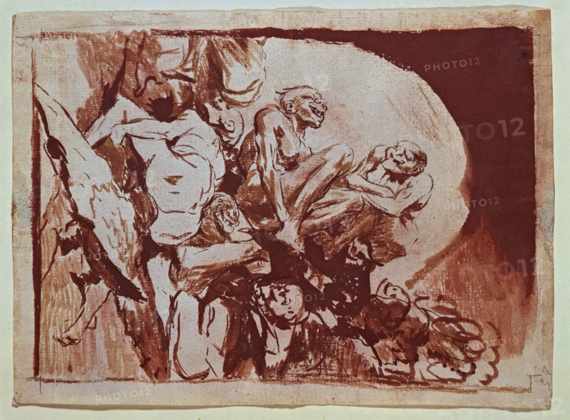 'Meeting of witches'. Drawing No. 113 of the series of sepia gouaches by Francisco de Goya.