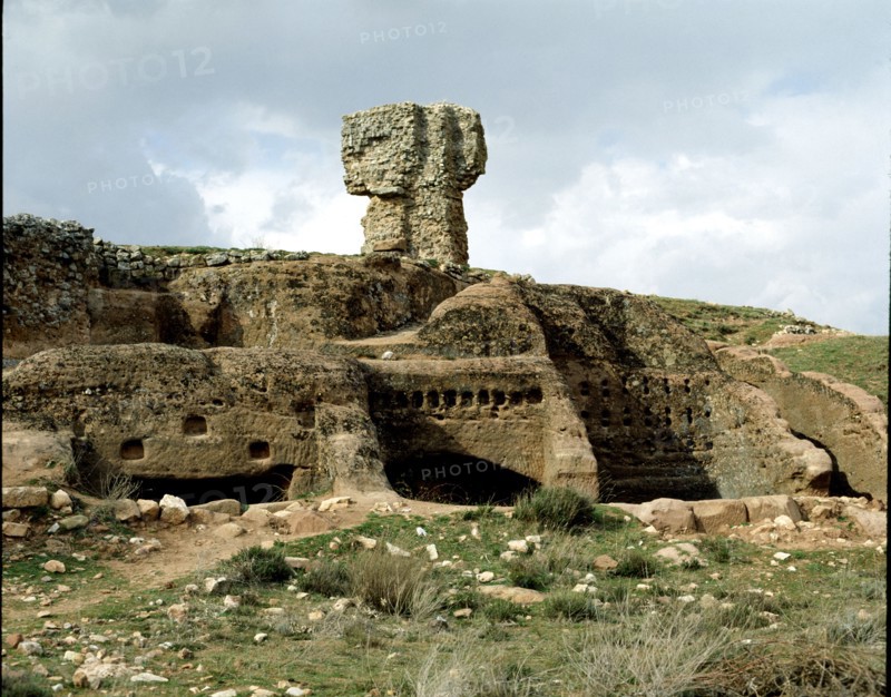 Celtiberian Roman rock city of Tiermes, detail of the rock digged houses, with the Roman baths at?