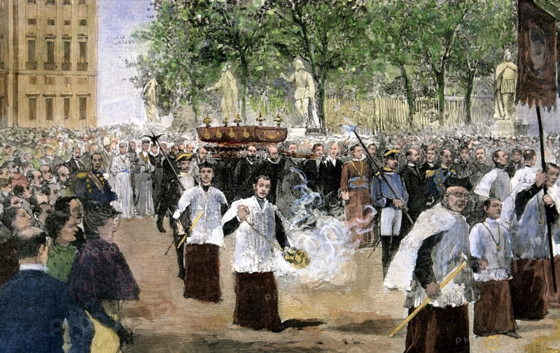 Reign of Alphonse XII, procession of San Isidro, to ask for rain and peace, drawing by M. Allazar?
