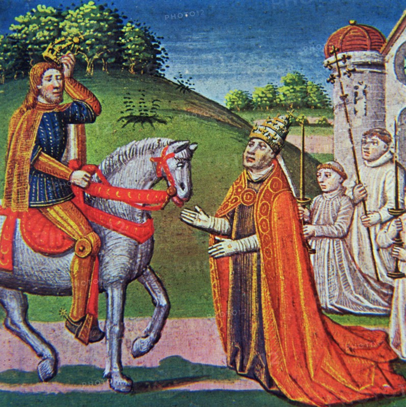 Meeting between Pope Adrian I and Charlemagne, miniature in the incunabula 'Chronicles of France'?